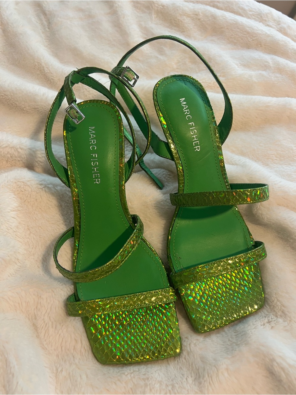Marc Fisher Iridescent Green Strappy Square-Toe Sandals